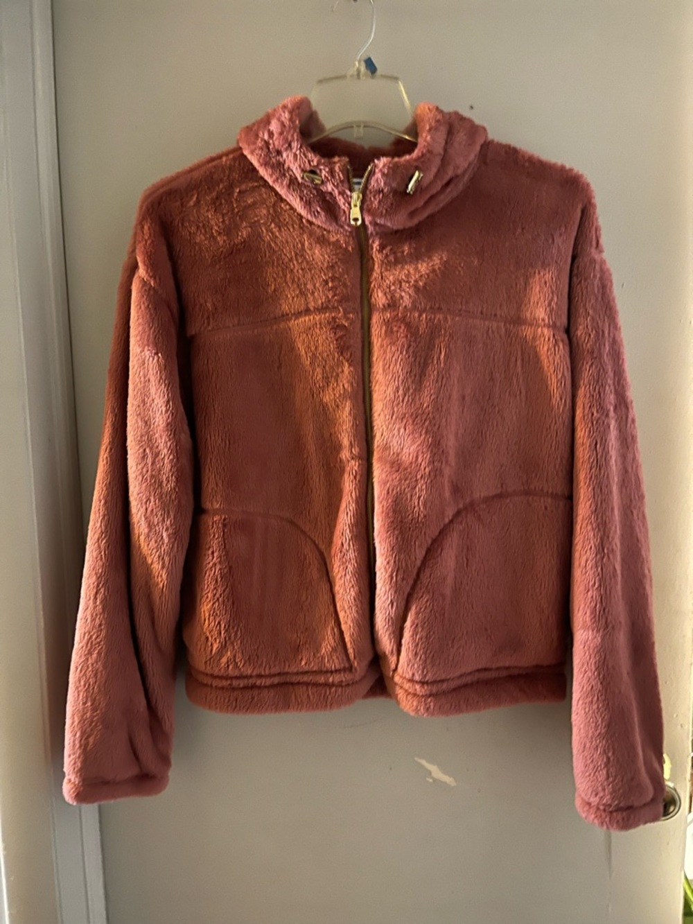 Old Navy Mauve Pink Faux Fur Bomber Jacket with hood